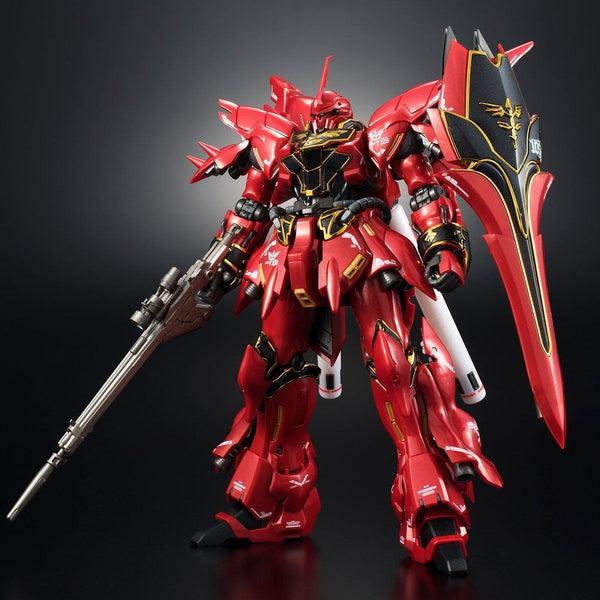 Bandai RG 1/144 Gundam Base Limited Sinanju [Metal Gloss Injection] front on view. dark background