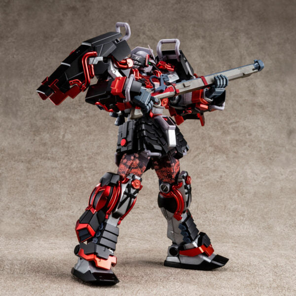 P-Bandai 1/100 MG Shin Musha Sengoku No Jin Kuroko Oyoroi (Black Robe) action pose with weapon. 