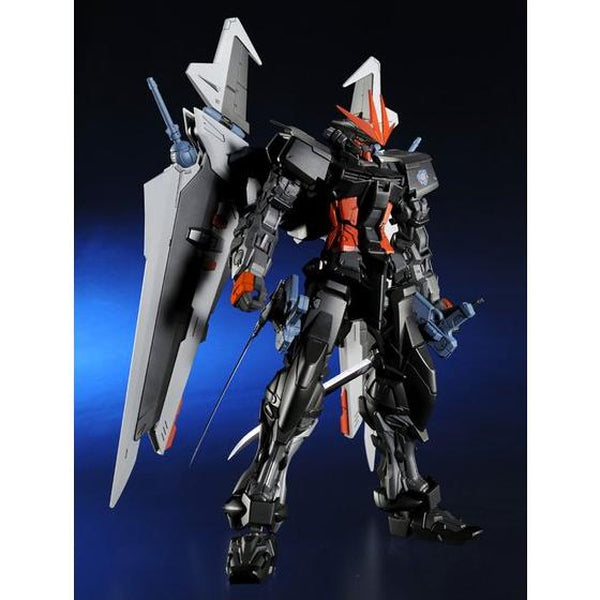 P-Bandai MG 1/100 Gundam Astray Noir front on view. dark background