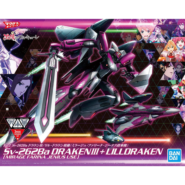 Mirage Farina Jenius pilot figure Lil Draken (x2) Missile pods (x2) Foil seals (x2) Waterslide decals (x2) package artwork